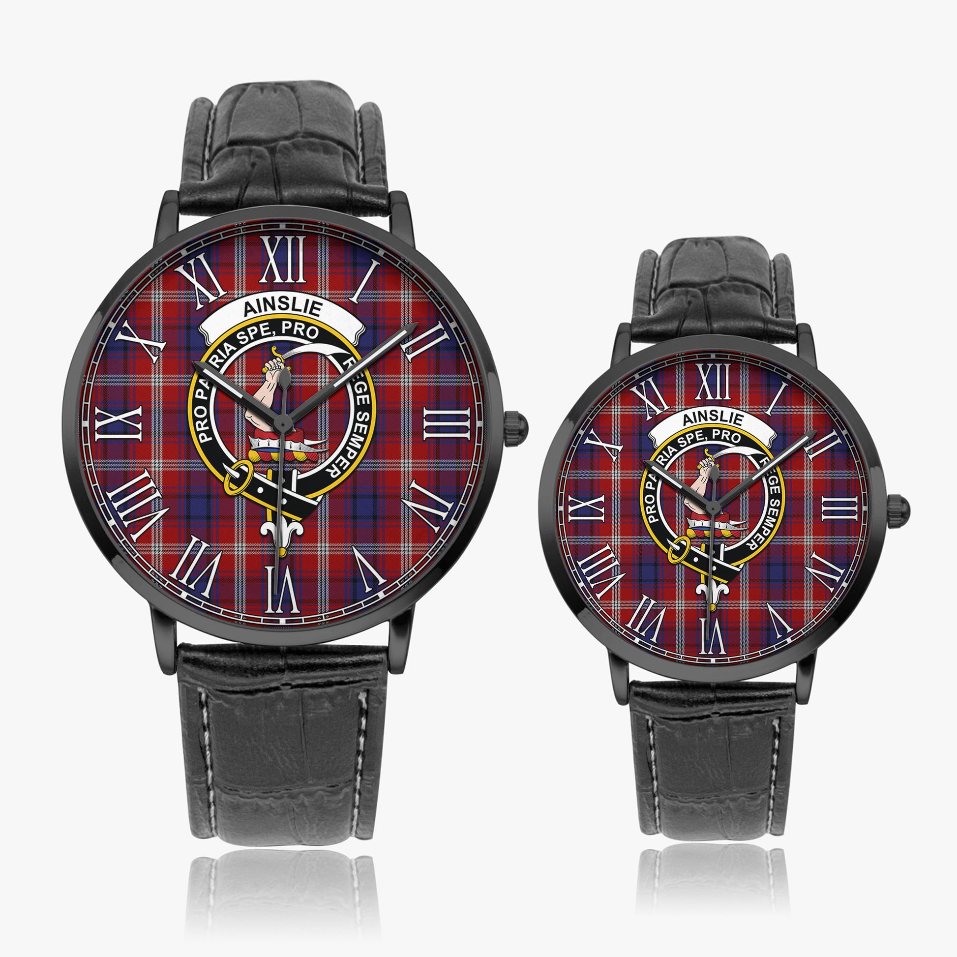 Ainslie Tartan Family Crest Leather Strap Quartz Watch - Tartanvibesclothing