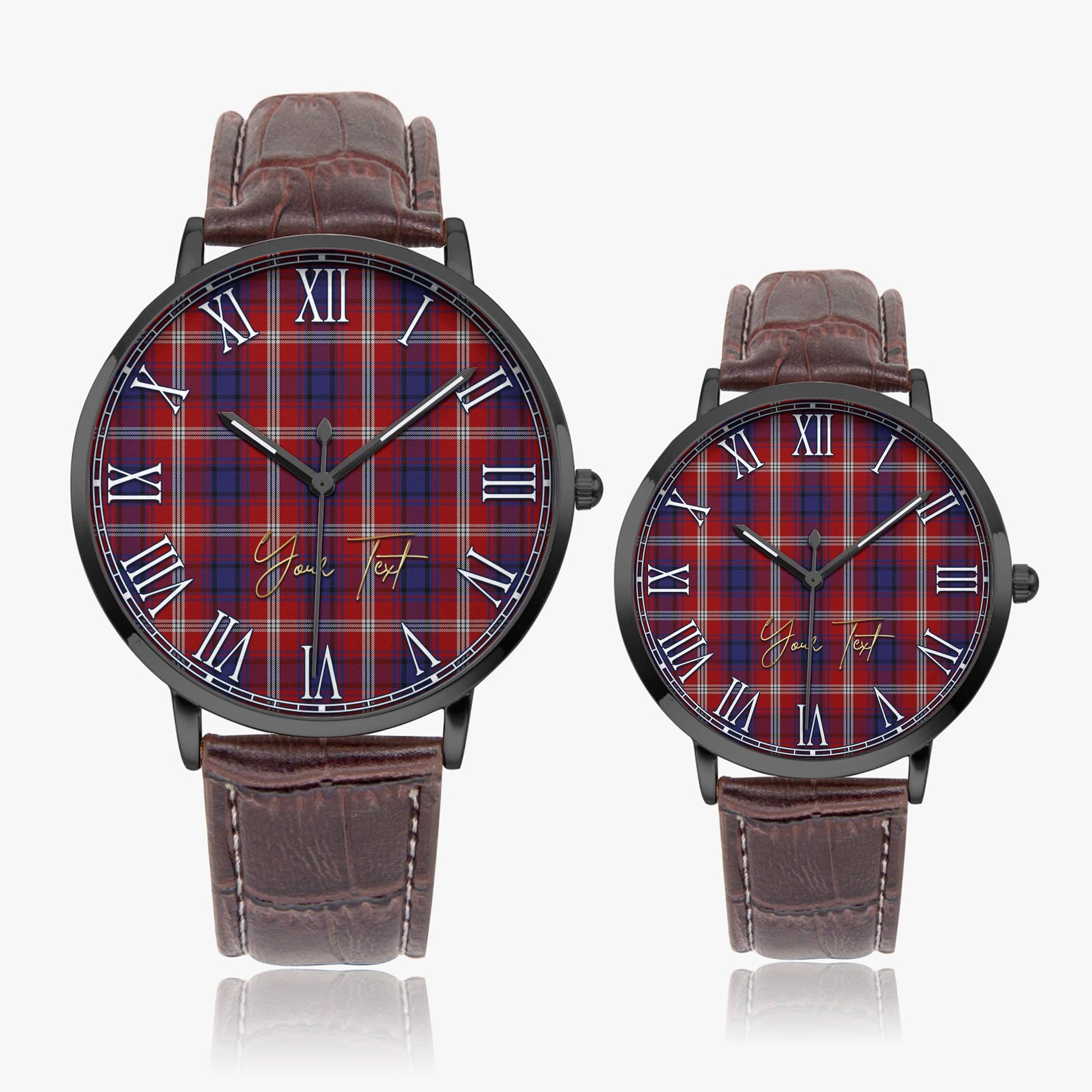 Ainslie Tartan Personalized Your Text Leather Trap Quartz Watch Ultra Thin Black Case With Brown Leather Strap - Tartanvibesclothing