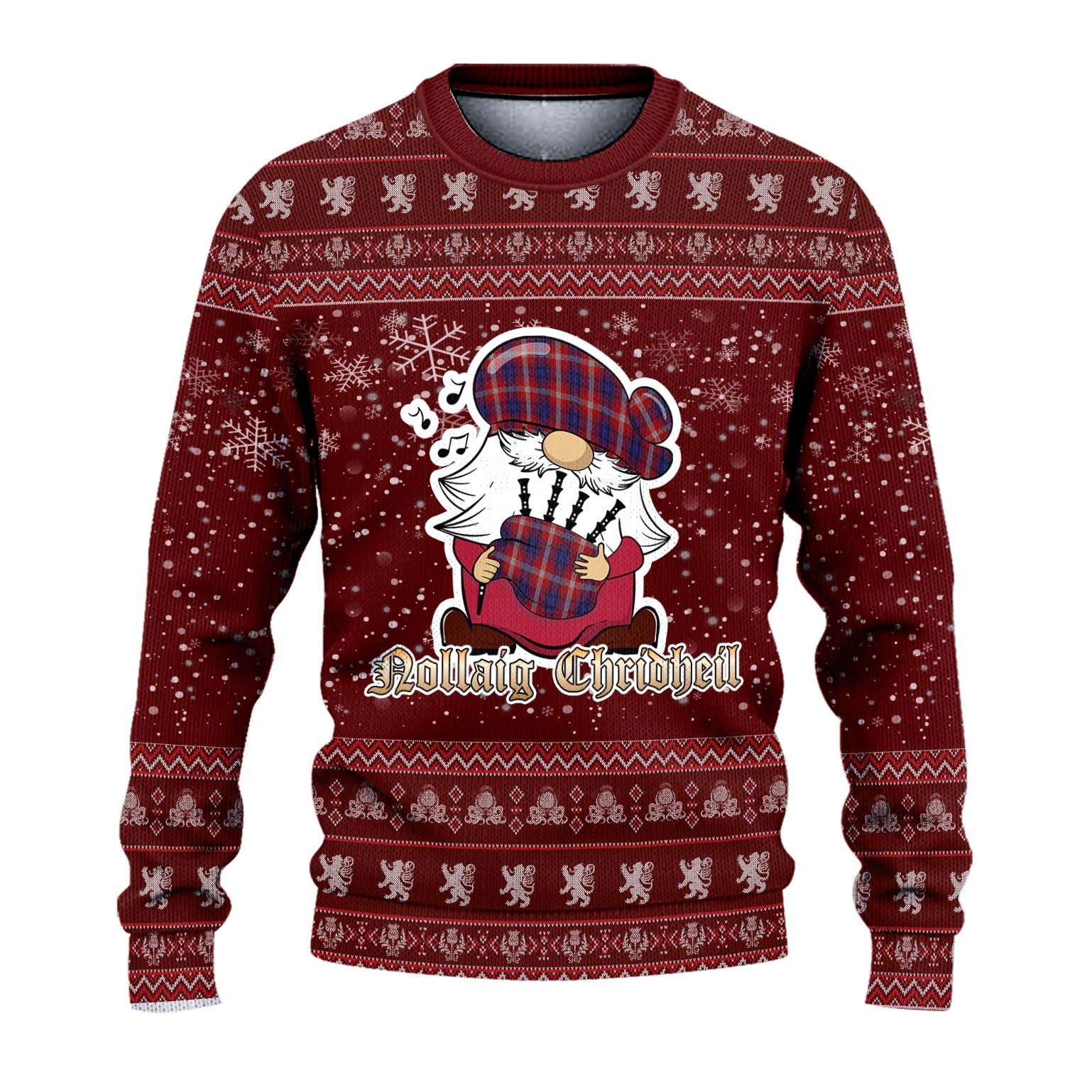 Ainslie Clan Christmas Family Knitted Sweater with Funny Gnome Playing Bagpipes - Tartanvibesclothing