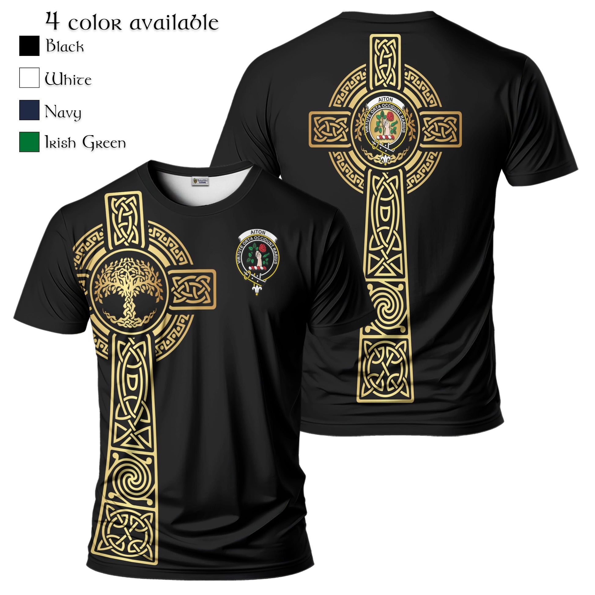 Aiton Clan Mens T-Shirt with Golden Celtic Tree Of Life Black - Tartanvibesclothing