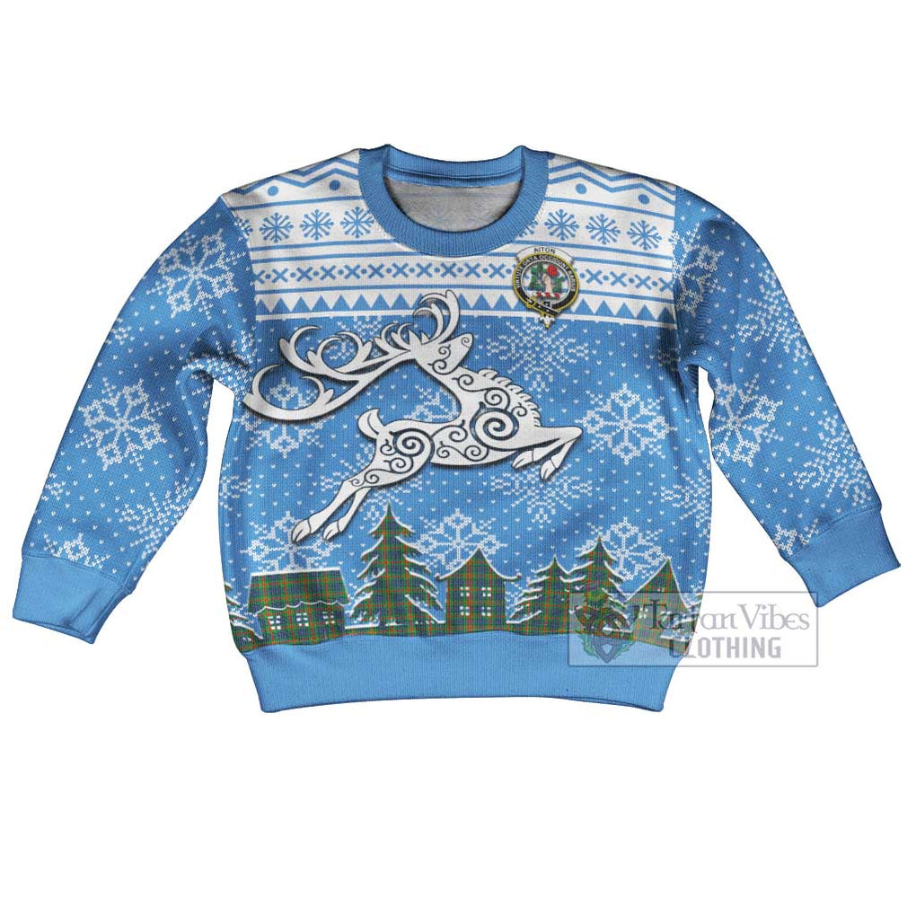 Tartan Vibes Clothing Aiton Clan Christmas Kid Ugly Sweater with Tartan and Celtic Raindeer Style