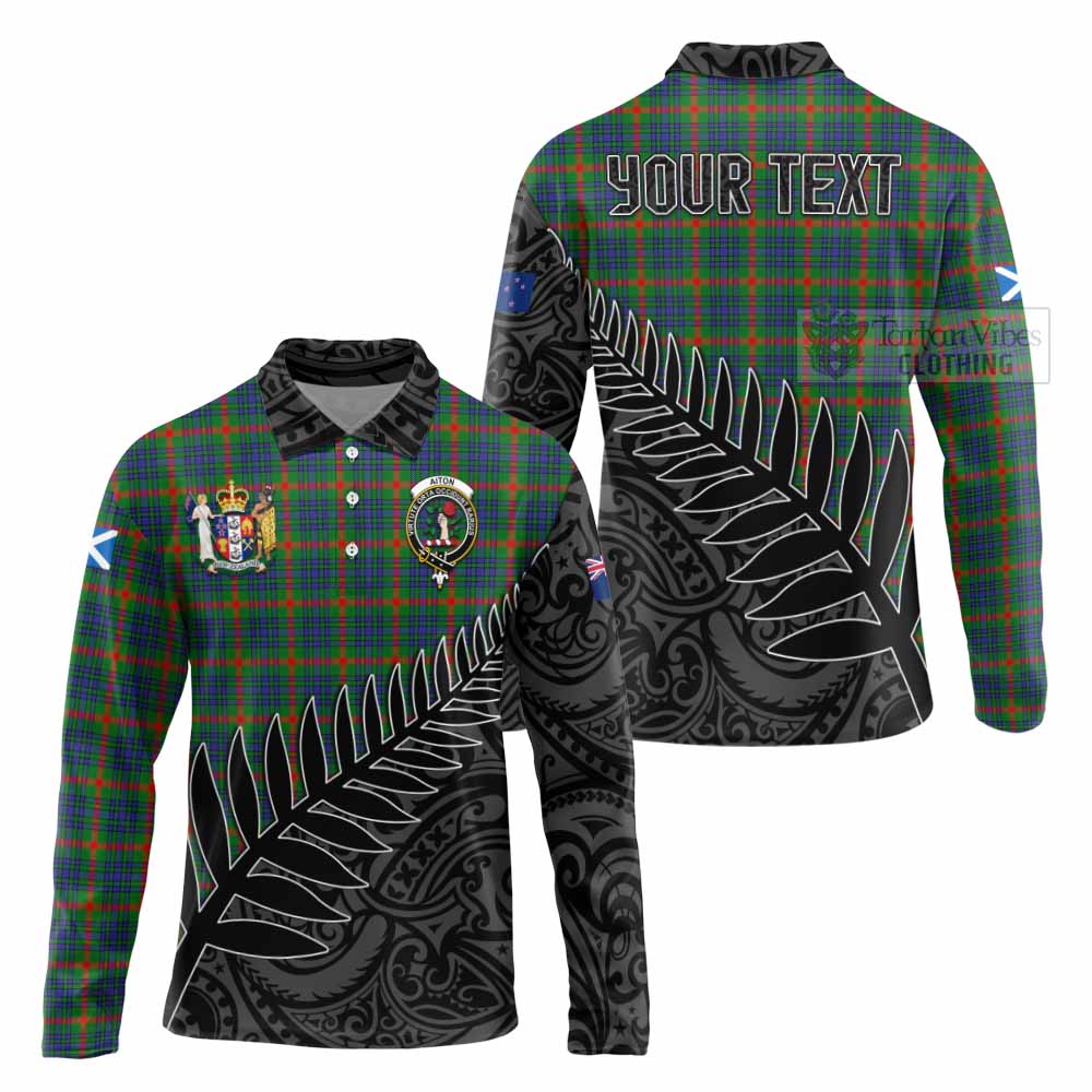 Tartan Vibes Clothing Aiton Crest Tartan Long Sleeve Polo Shirt with New Zealand Silver Fern Half Style