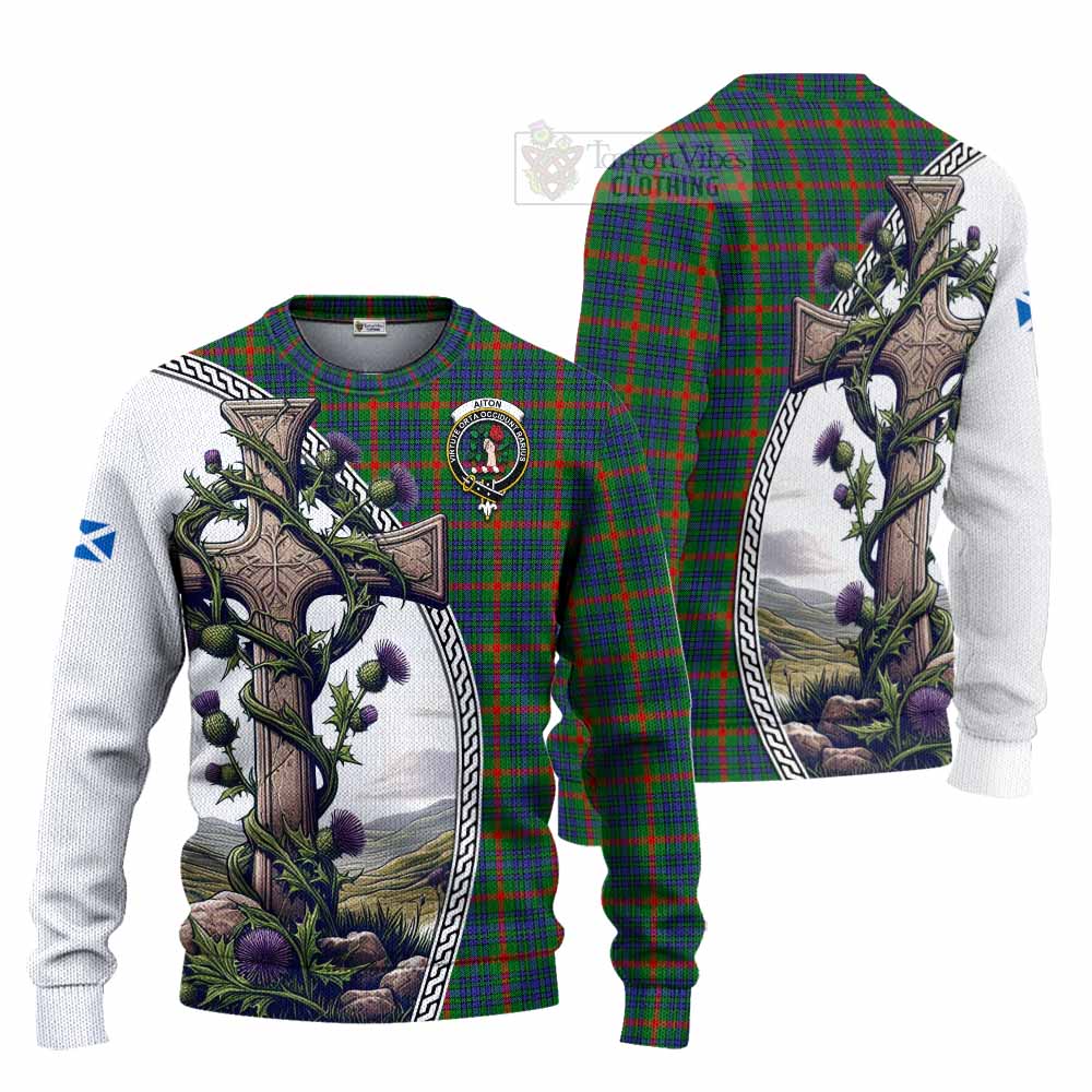 Tartan Vibes Clothing Aiton Tartan Knitted Sweater with Family Crest and St. Andrew's Cross Accented by Thistle Vines