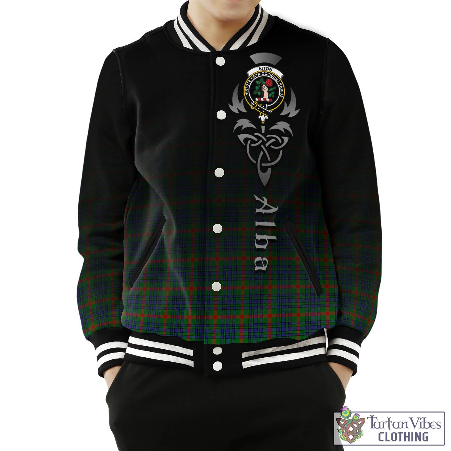 Tartan Vibes Clothing Aiton Tartan Baseball Jacket Featuring Alba Gu Brath Family Crest Celtic Inspired