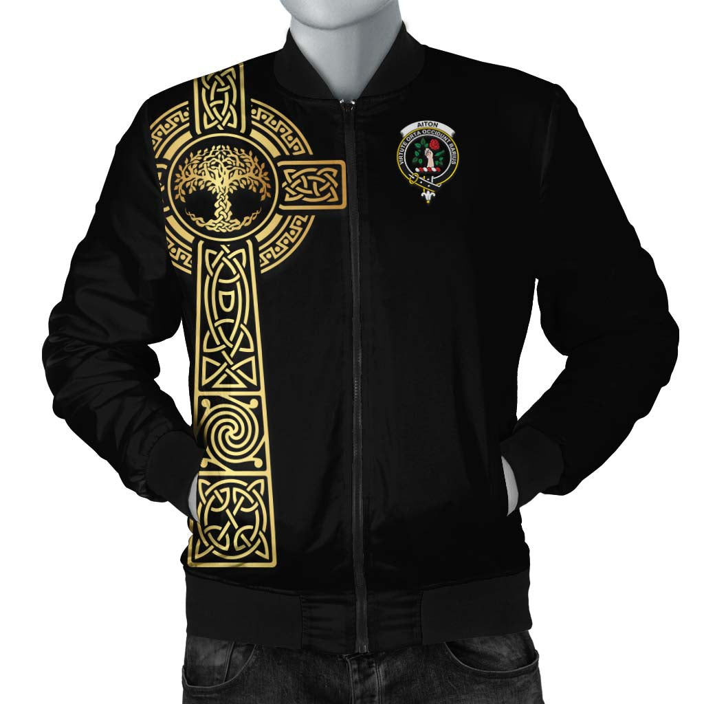 Aiton Clan Bomber Jacket with Golden Celtic Tree Of Life Unisex Black - Tartanvibesclothing