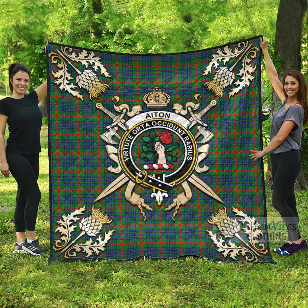 Tartan Vibes Clothing Aiton Tartan Quilt with Family Crest and Scottish Golden Courage Shield