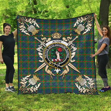 Aiton Tartan Quilt with Family Crest and Golden Thistle Crossed Sword Design