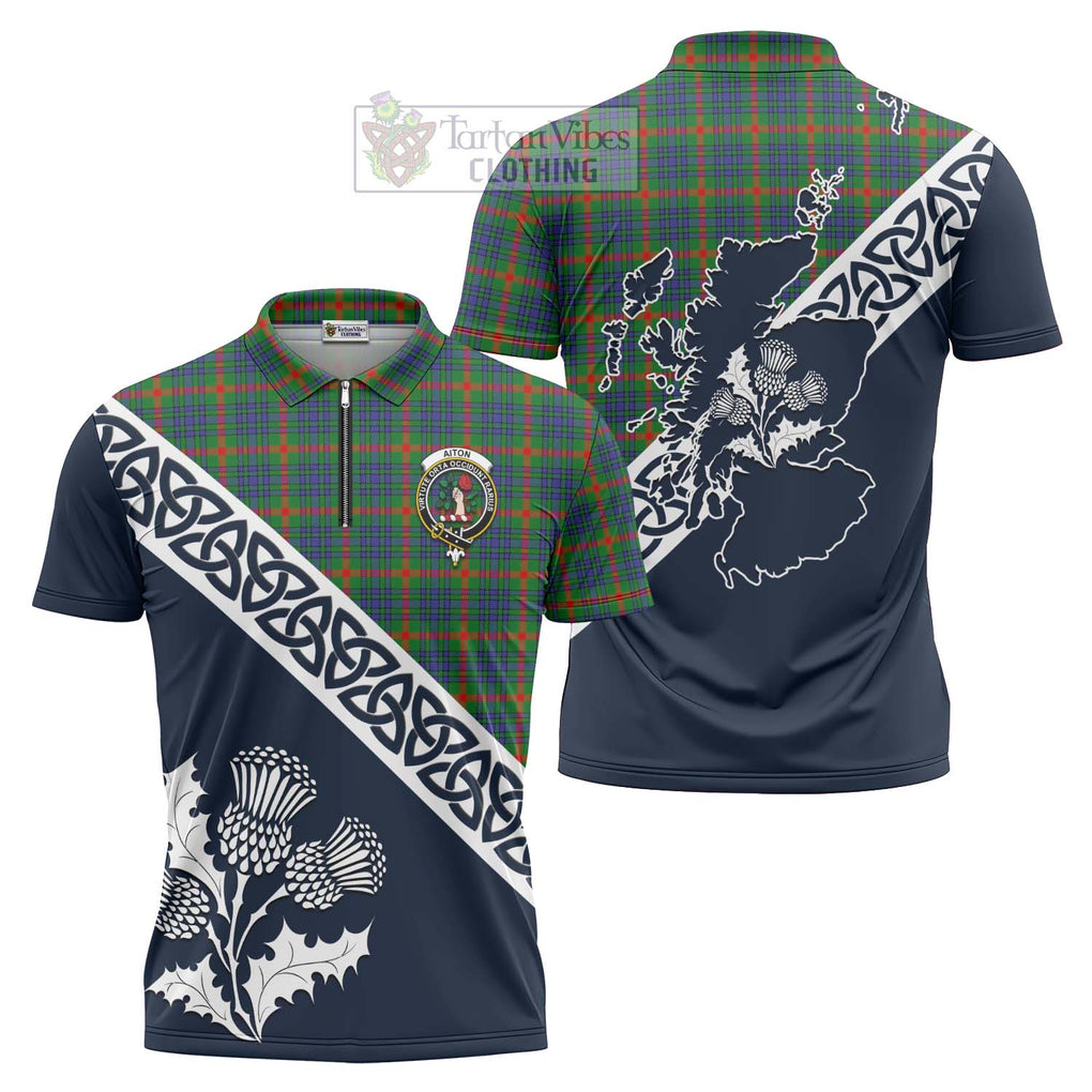 Tartan Vibes Clothing Aiton Tartan Zipper Polo Shirt Featuring Thistle and Scotland Map