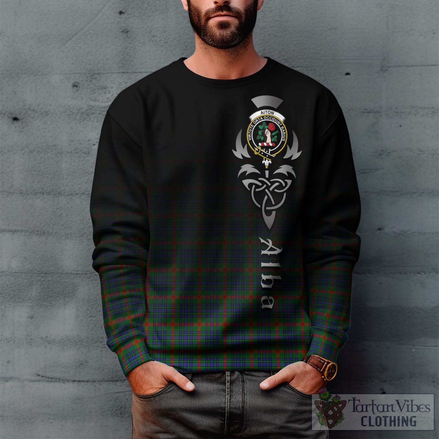 Tartan Vibes Clothing Aiton Tartan Sweatshirt Featuring Alba Gu Brath Family Crest Celtic Inspired