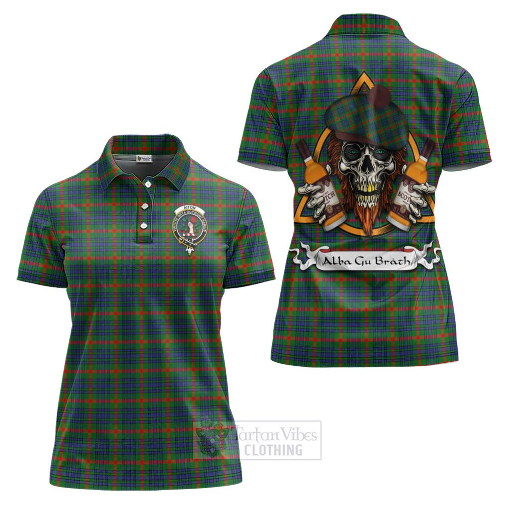 Tartan Vibes Clothing Aiton Tartan Women's Polo Shirt with Family Crest and Bearded Skull Holding Bottles of Whiskey