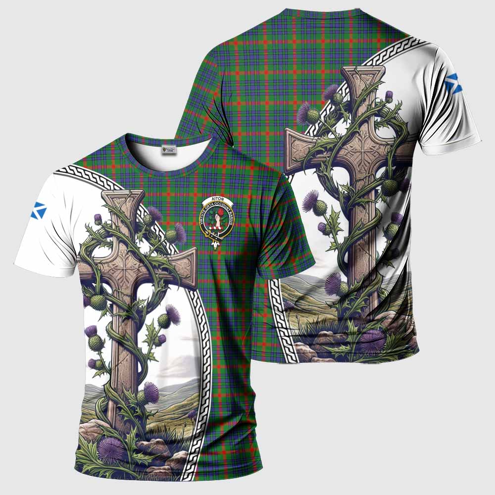 Tartan Vibes Clothing Aiton Agnew Tartan T-Shirt with Family Crest and St. Andrew's Cross Accented by Thistle Vines