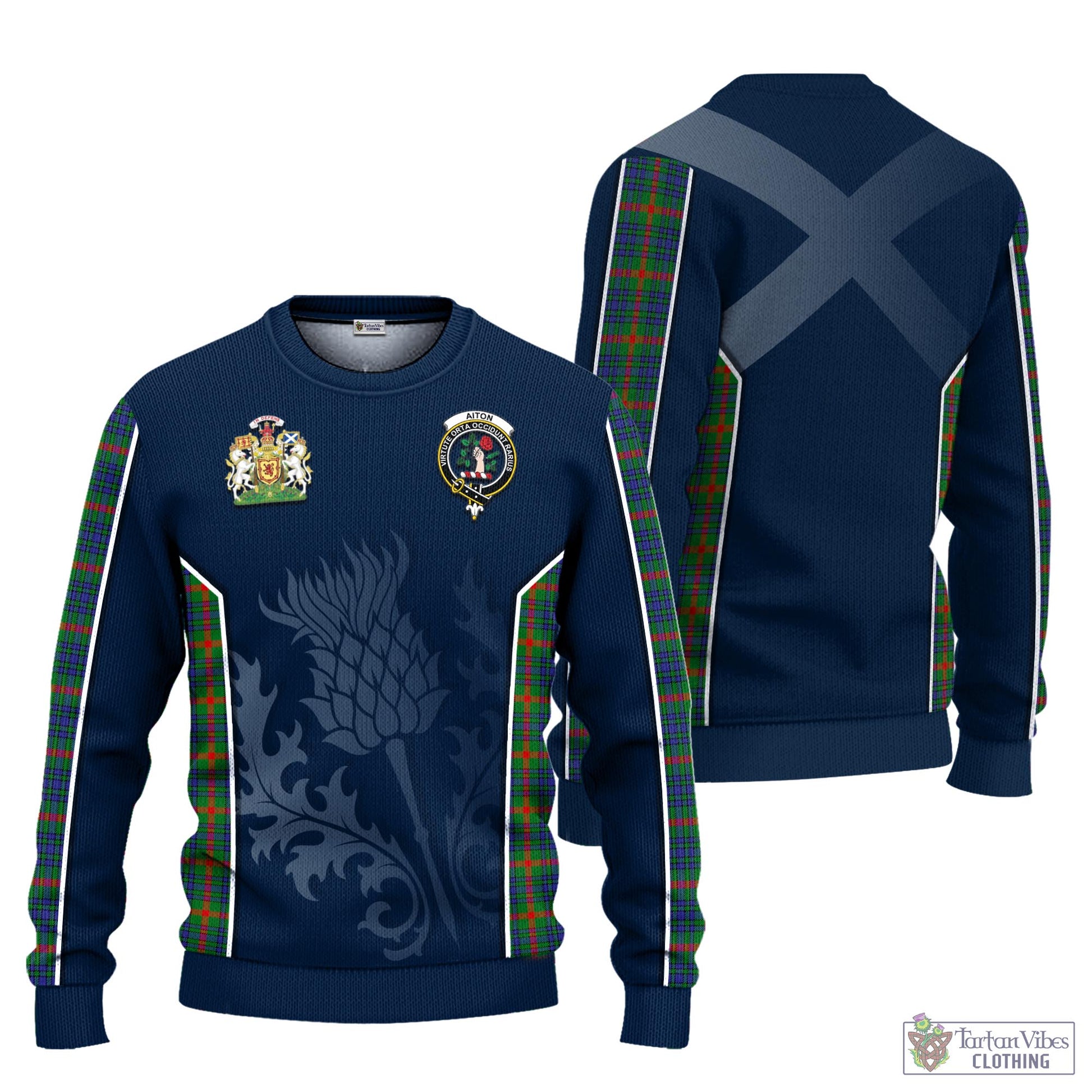 Tartan Vibes Clothing Aiton Tartan Knitted Sweatshirt with Family Crest and Scottish Thistle Vibes Sport Style