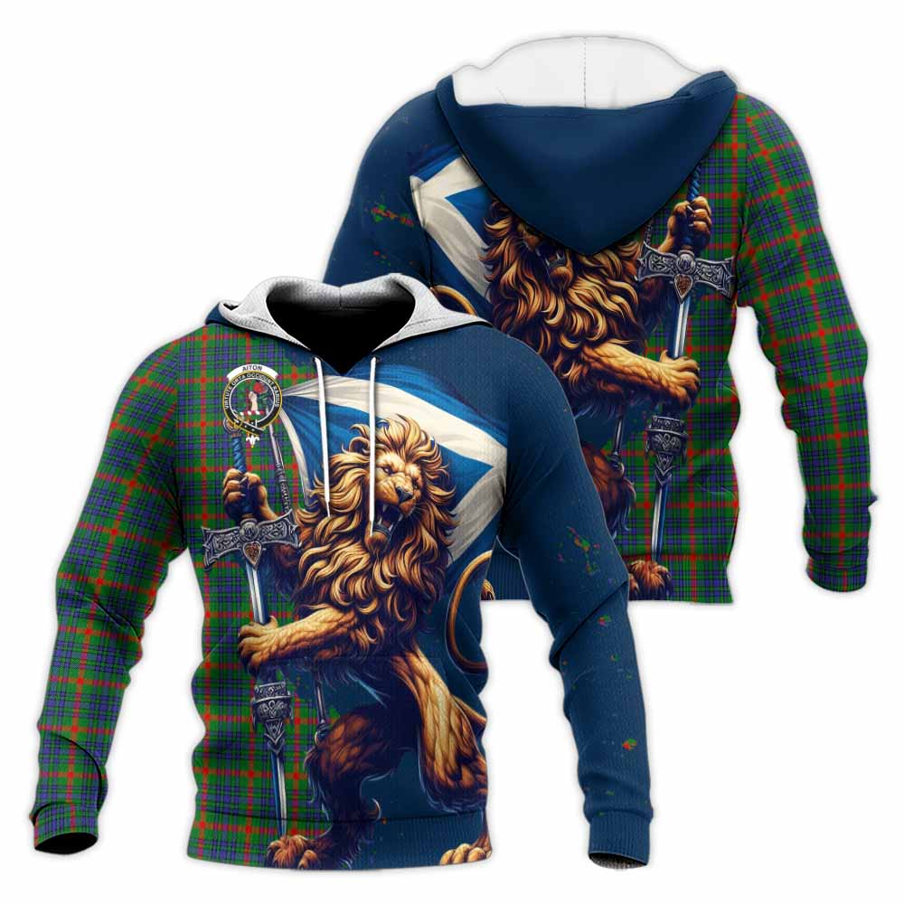 Tartan Vibes Clothing Aiton Tartan Family Crest Knitted Hoodie with Scottish Majestic Lion