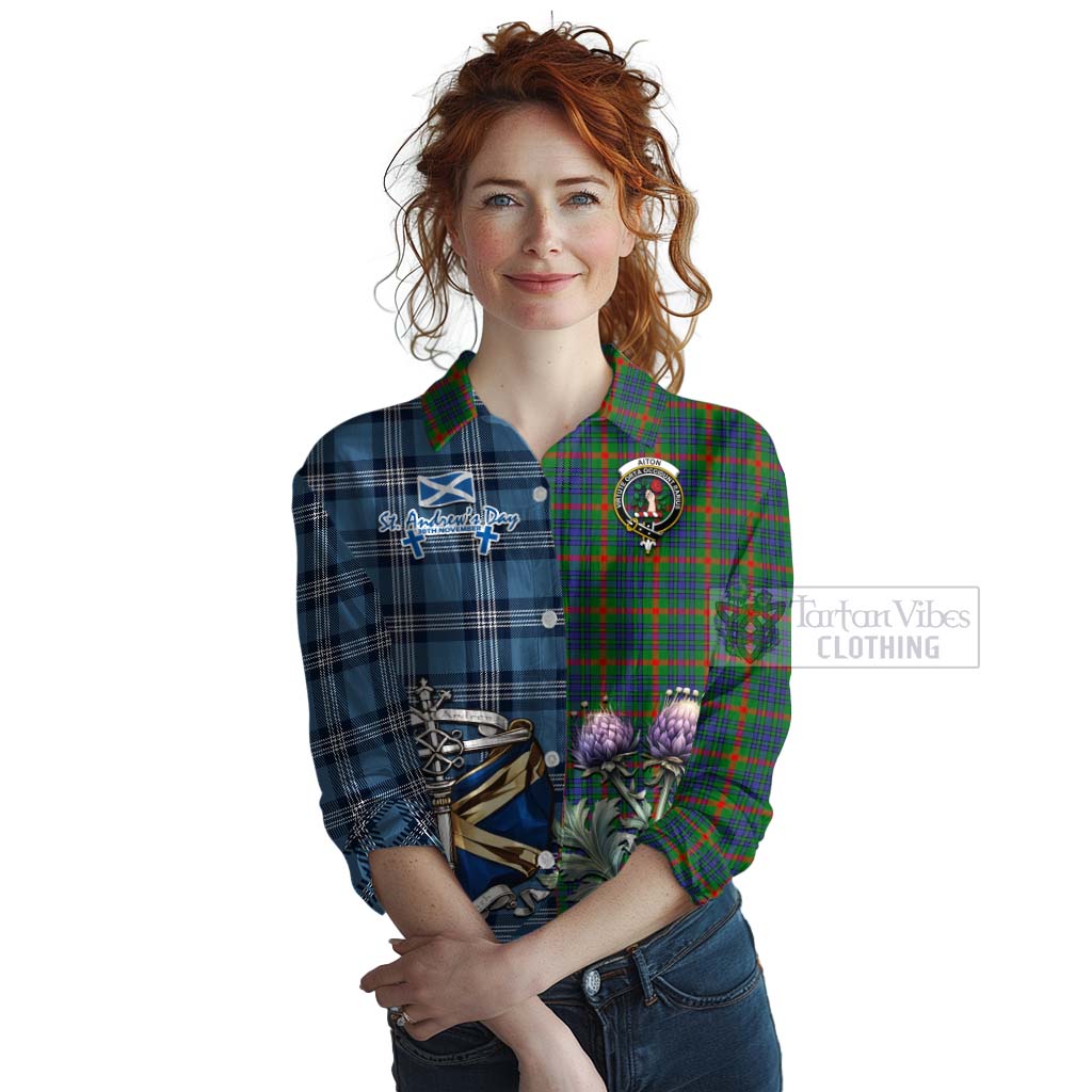 Tartan Vibes Clothing Aiton Tartan Women's Casual Shirt Happy St. Andrew's Day Half Tartan Style