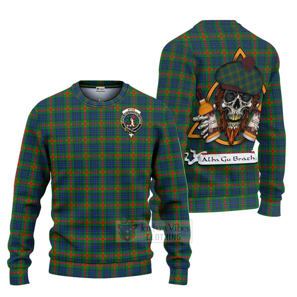 Tartan Vibes Clothing Aiton Tartan Knitted Sweater with Family Crest and Bearded Skull Holding Bottles of Whiskey