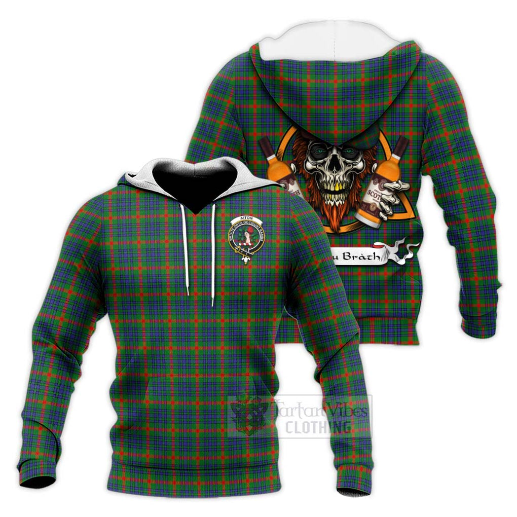 Tartan Vibes Clothing Aiton Tartan Knitted Hoodie with Family Crest and Bearded Skull Holding Bottles of Whiskey