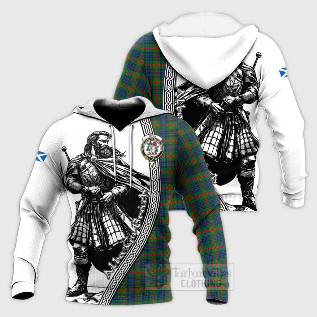 Tartan Vibes Clothing Aiton Tartan Clan Crest Knitted Hoodie with Highlander Warrior Celtic Style