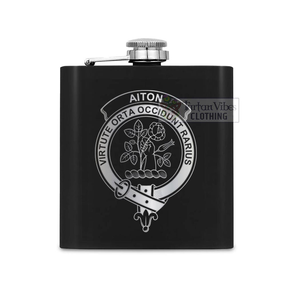 Tartan Vibes Clothing Aiton Crest Hip Flask Set 7oz Black Stainless Steel with A Gift Box