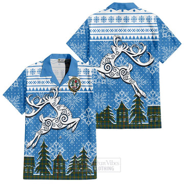 Aiton Clan Christmas Short Sleeve Button Shirt Celtic Reindeer Style