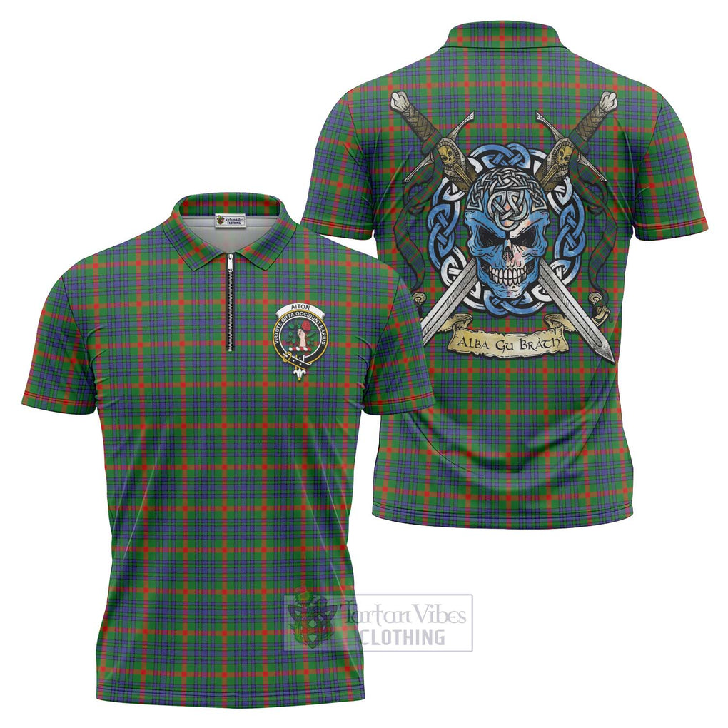 Tartan Vibes Clothing Aiton Tartan Zipper Polo Shirt with Family Crest Celtic Skull Style