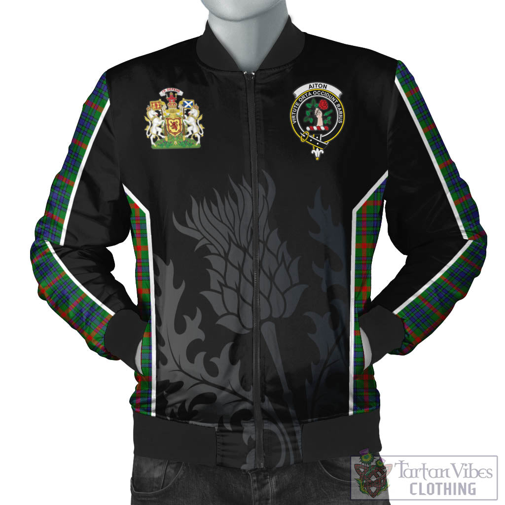 Aiton Tartan Bomber Jacket with Family Crest and Scottish Thistle Vibes Sport Style Unisex Black - Tartan Vibes Clothing