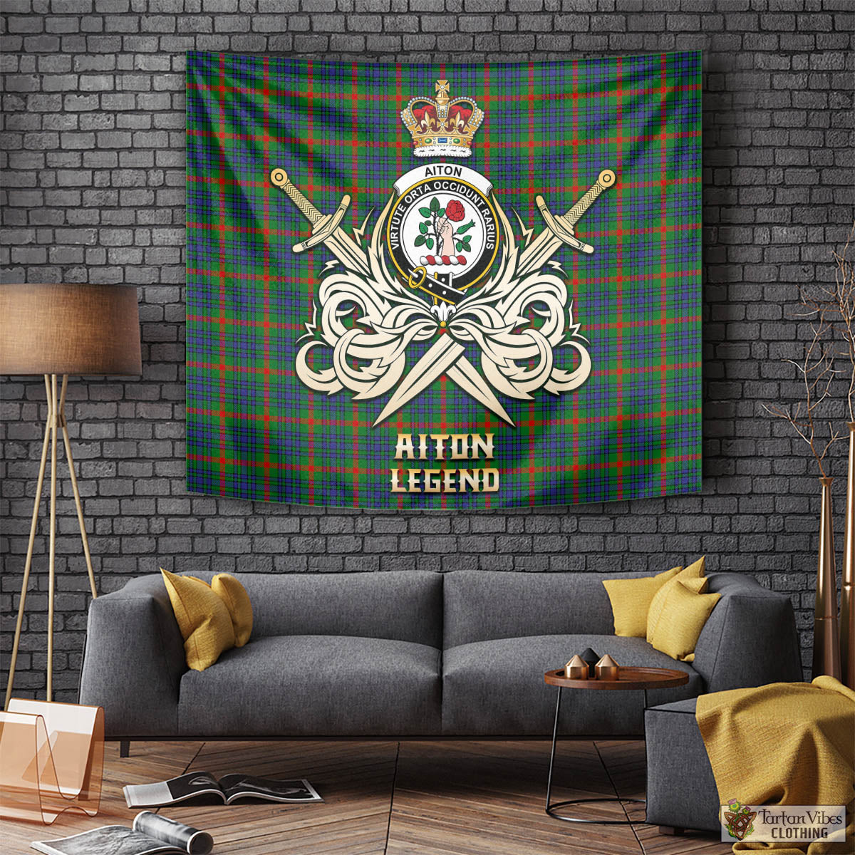 Tartan Vibes Clothing Aiton Tartan Tapestry with Clan Crest and the Golden Sword of Courageous Legacy