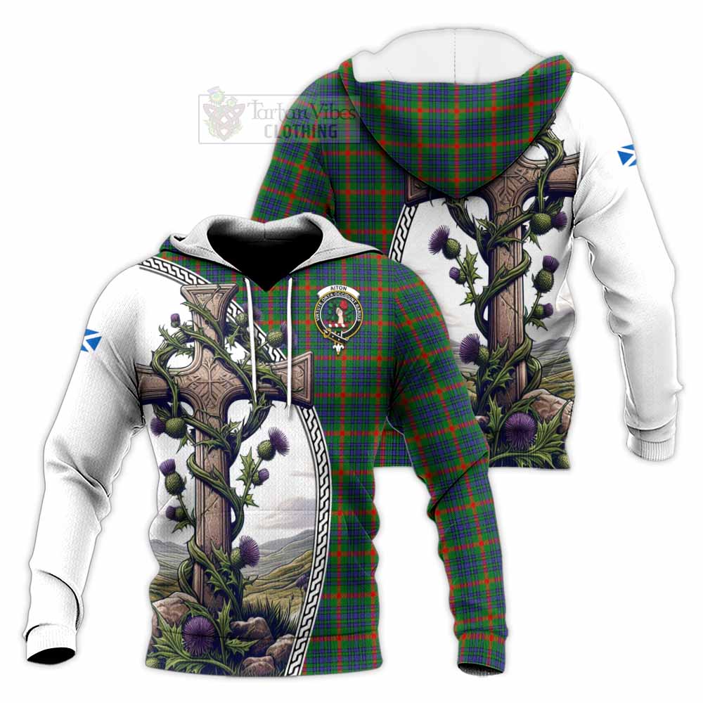 Tartan Vibes Clothing Aiton Tartan Knitted Hoodie with Family Crest and St. Andrew's Cross Accented by Thistle Vines