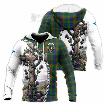 Aiton Tartan Knitted Hoodie with Family Crest and St. Andrew's Cross Accented by Thistle Vines