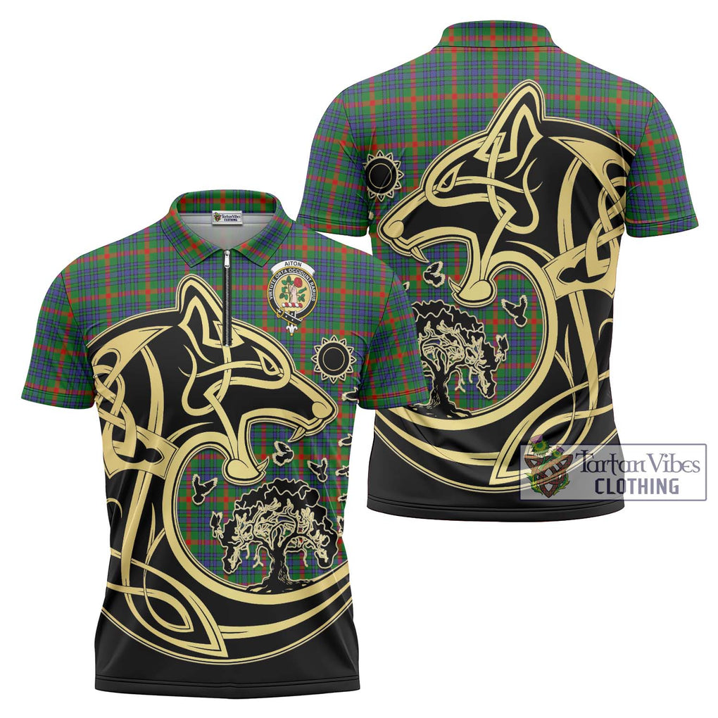 Aiton Tartan Zipper Polo Shirt with Family Crest Celtic Wolf Style Unisex - Tartanvibesclothing Shop