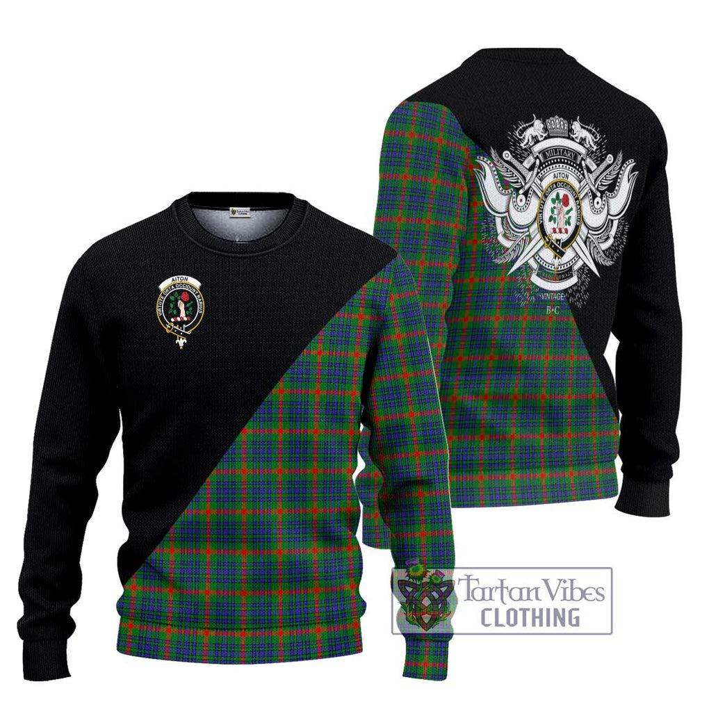 Aiton Tartan Knitted Sweater with Family Crest and Military Logo Style Unisex - Tartanvibesclothing Shop