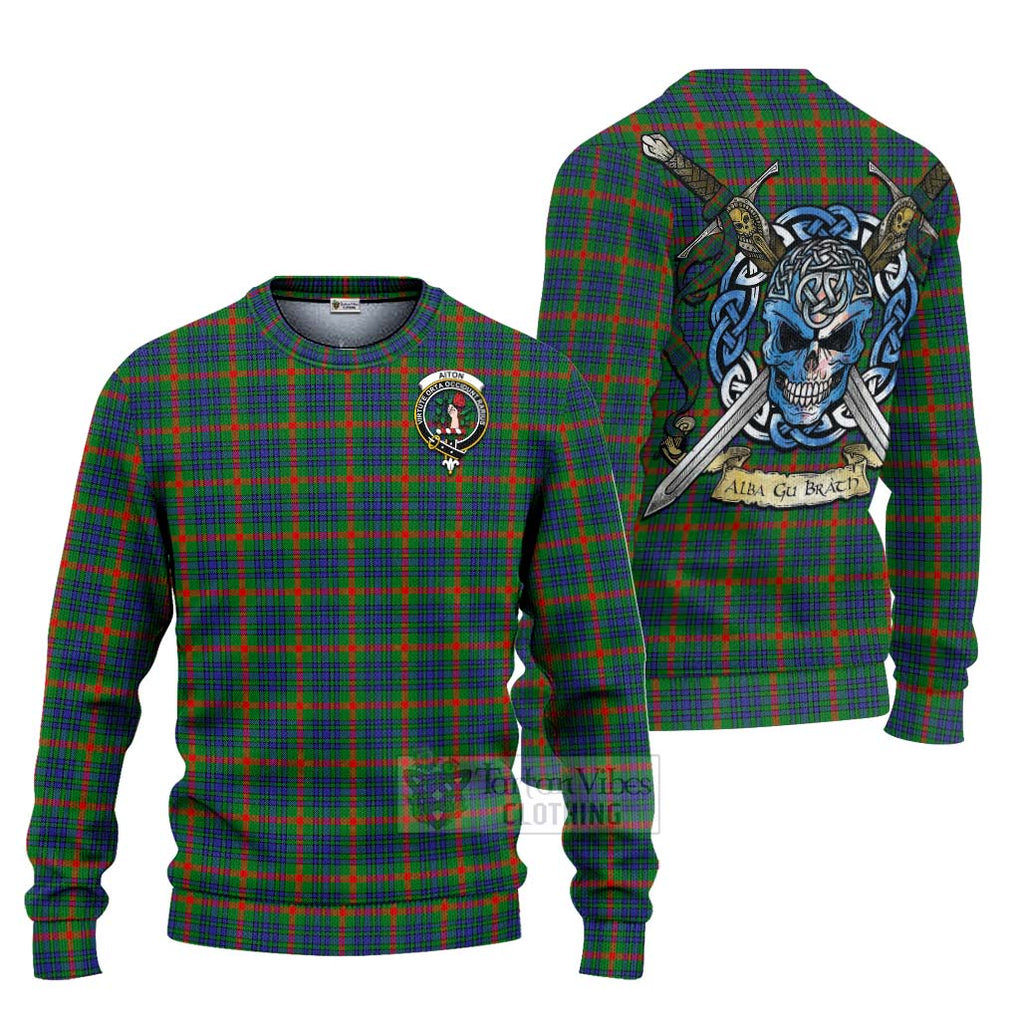 Tartan Vibes Clothing Aiton Tartan Knitted Sweater with Family Crest Celtic Skull Style