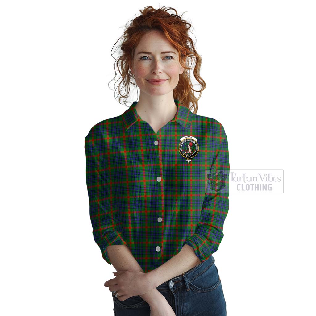 Tartan Vibes Clothing Aiton Tartan Women's Casual Shirt with Family Crest and Bearded Skull Holding Bottles of Whiskey