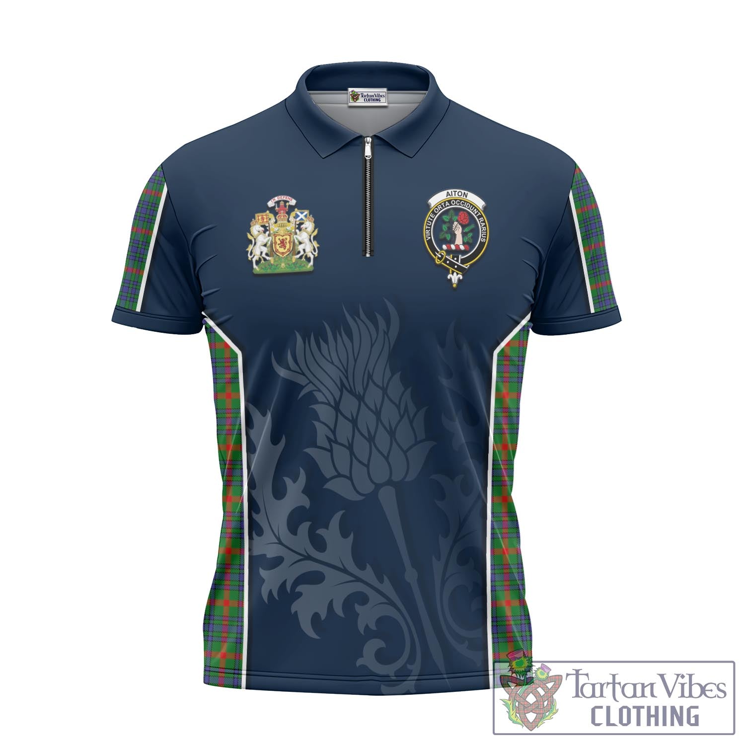 Tartan Vibes Clothing Aiton Tartan Zipper Polo Shirt with Family Crest and Scottish Thistle Vibes Sport Style