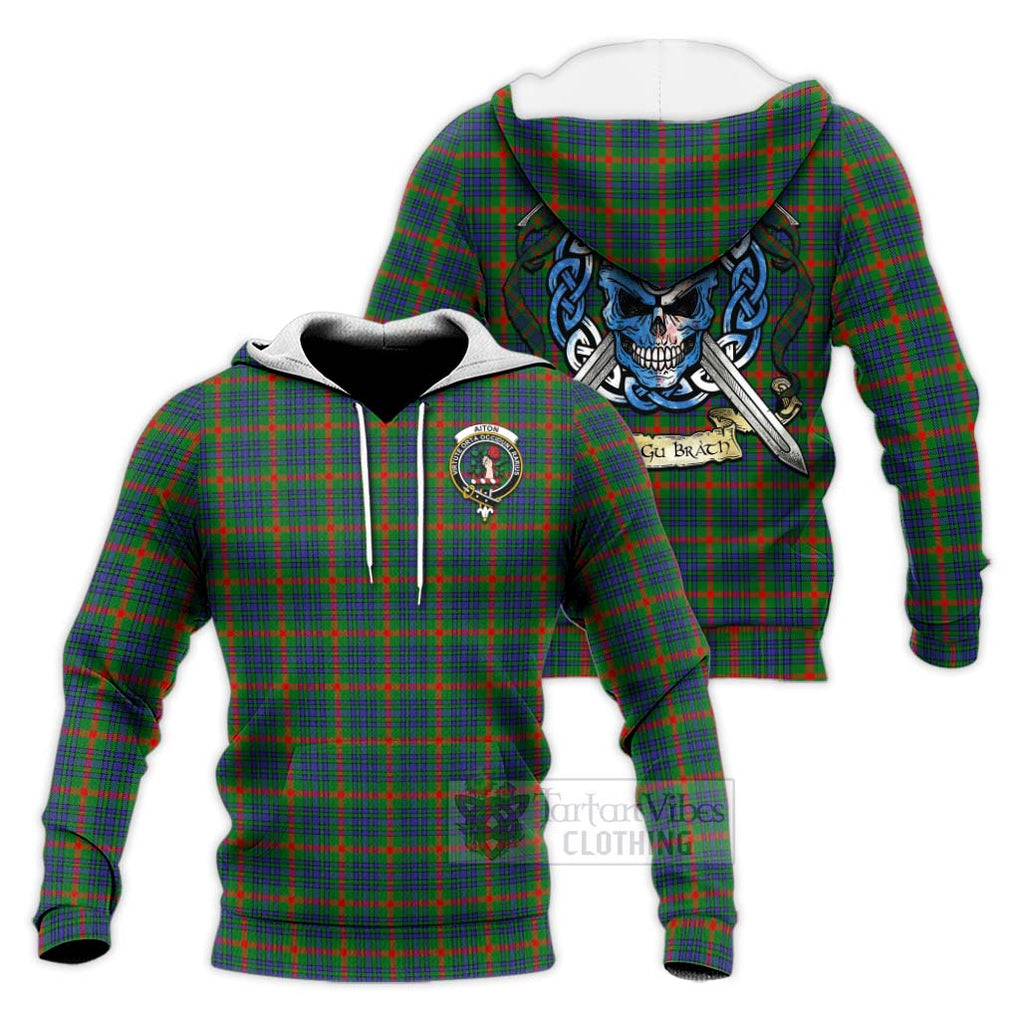 Tartan Vibes Clothing Aiton Tartan Knitted Hoodie with Family Crest Celtic Skull Style