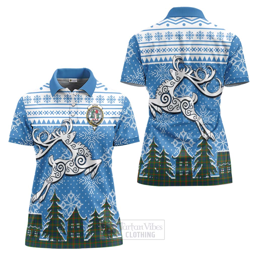 Aiton Clan Christmas Women's Polo Shirt Celtic Reindeer Style Women - Tartan Vibes Clothing