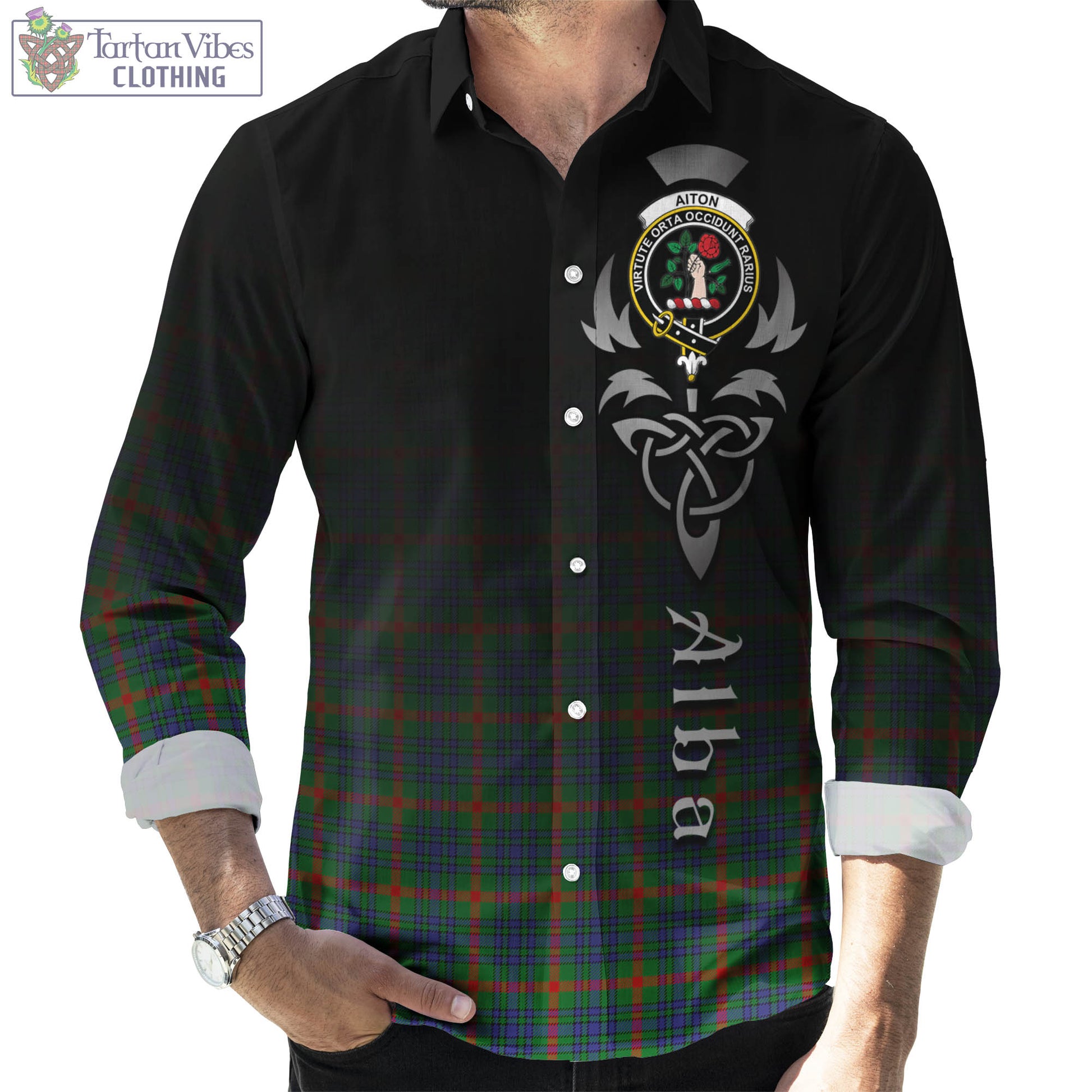 Tartan Vibes Clothing Aiton Tartan Long Sleeve Button Up Featuring Alba Gu Brath Family Crest Celtic Inspired