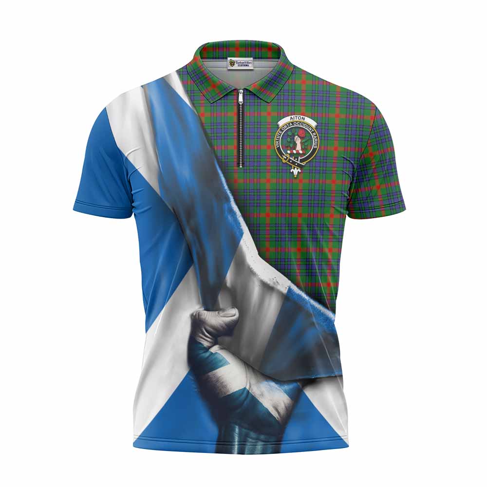 Tartan Vibes Clothing Aiton Tartan Zipper Polo Shirt with Family Crest Scotland Patriotic Style