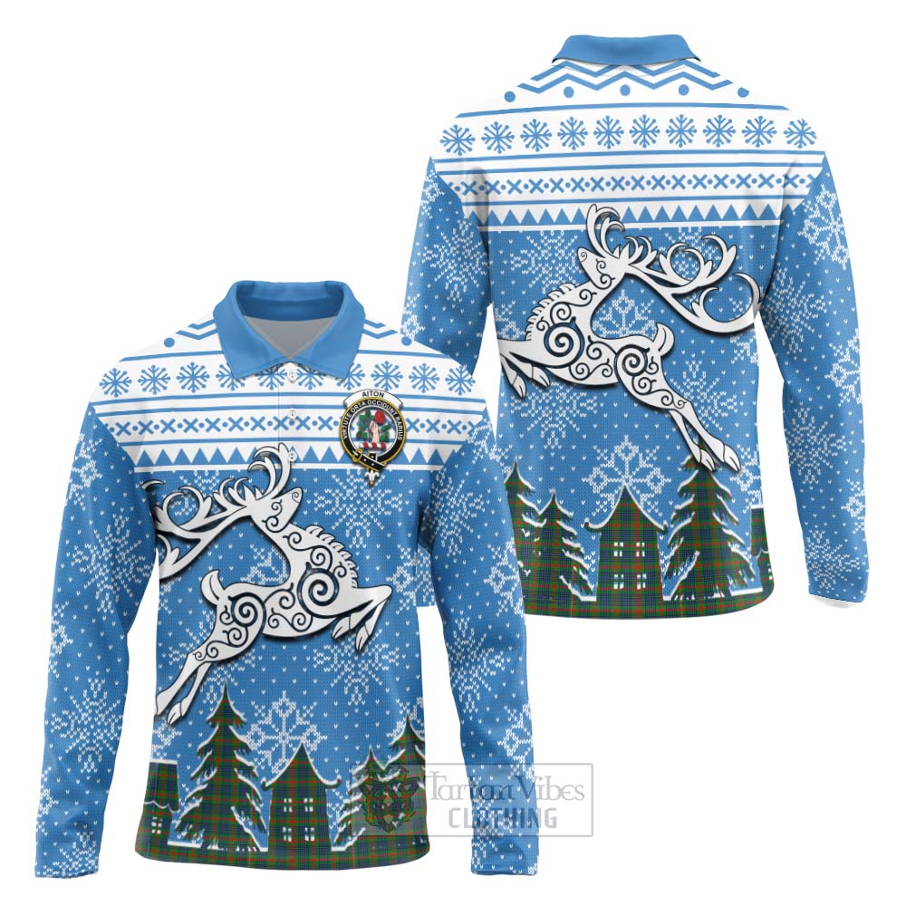 Tartan Vibes Clothing Aiton Clan Christmas Long Sleeve Polo Shirt Celtic Reindeer Style