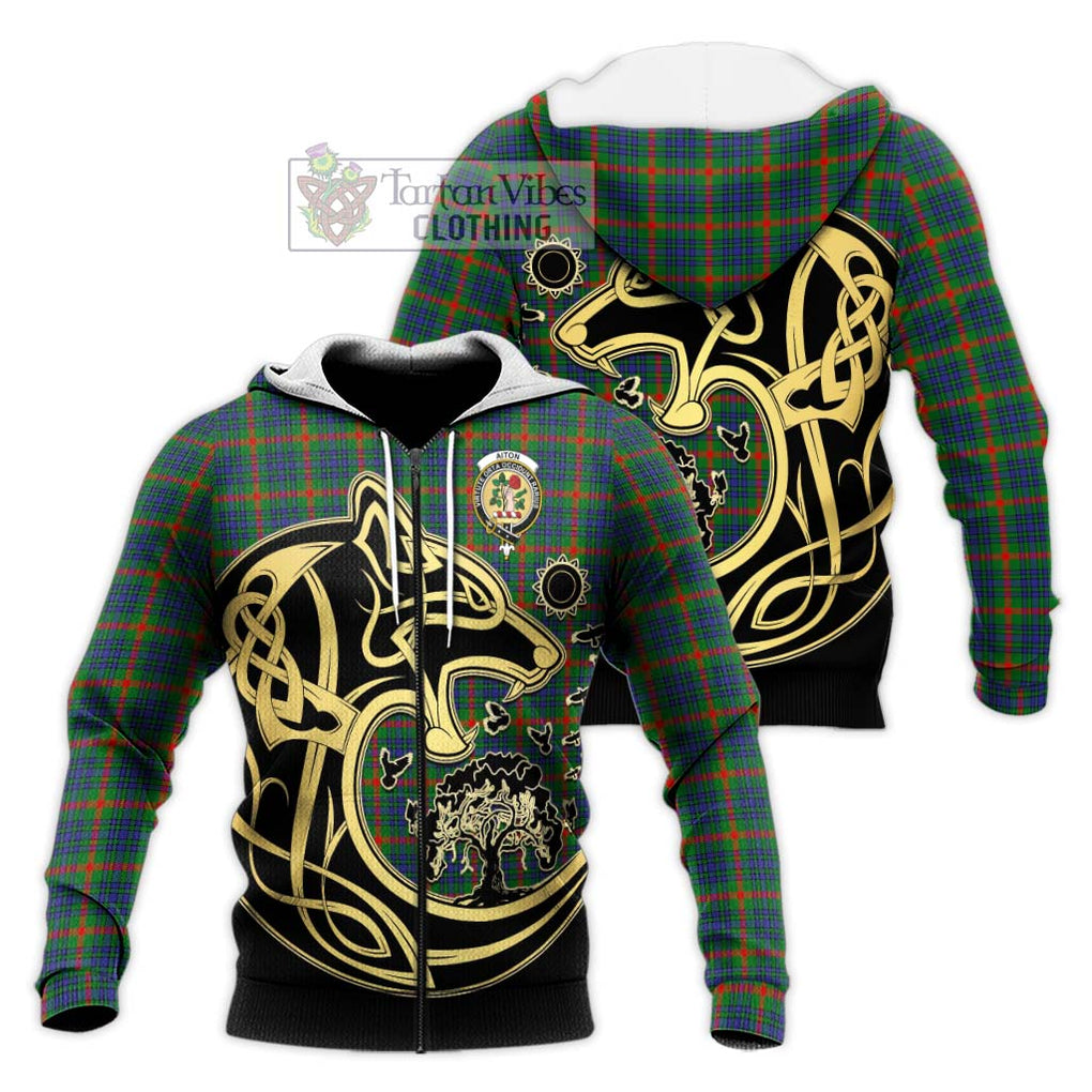 Aiton Tartan Knitted Hoodie with Family Crest Celtic Wolf Style Unisex Knitted Zip Hoodie - Tartan Vibes Clothing