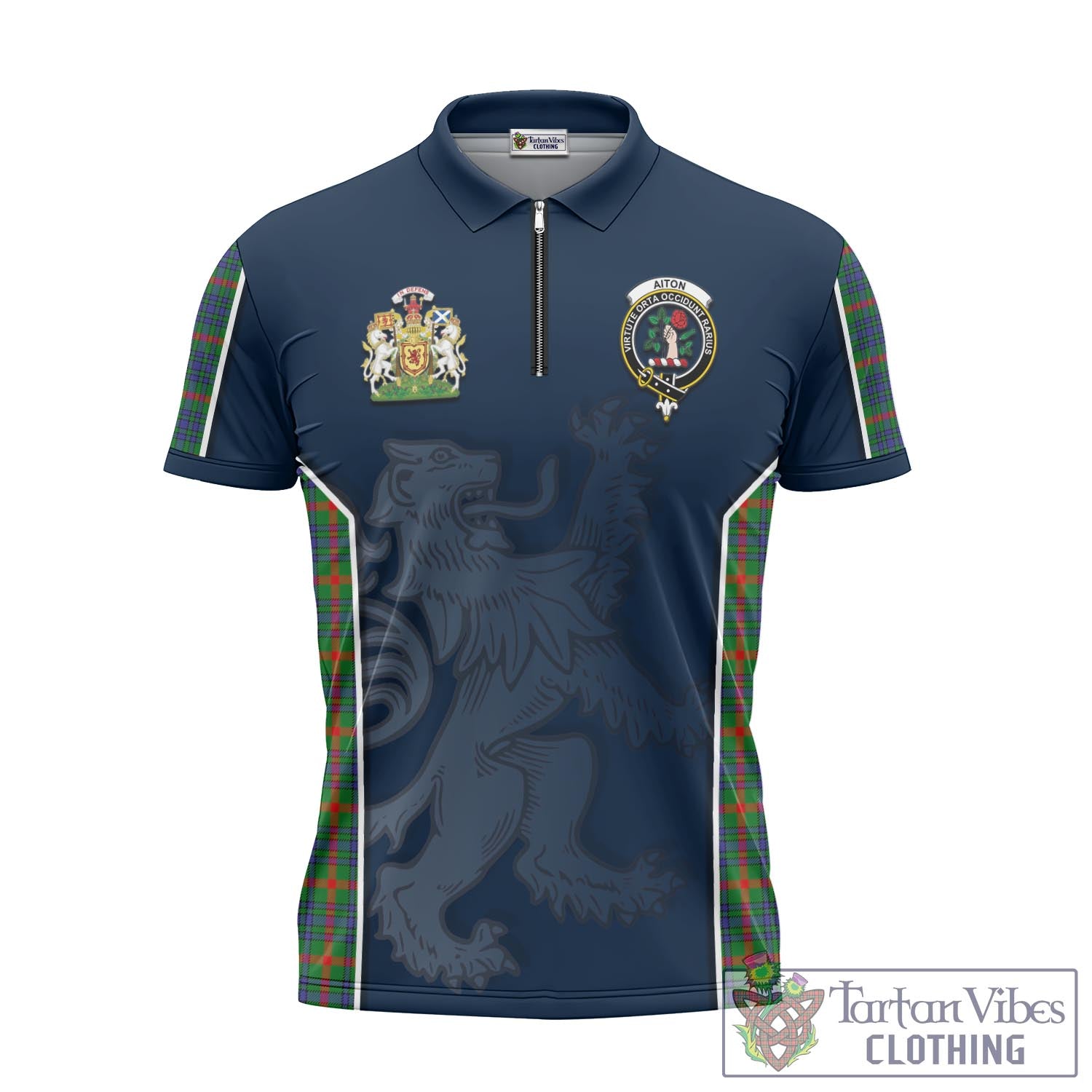 Tartan Vibes Clothing Aiton Tartan Zipper Polo Shirt with Family Crest and Lion Rampant Vibes Sport Style