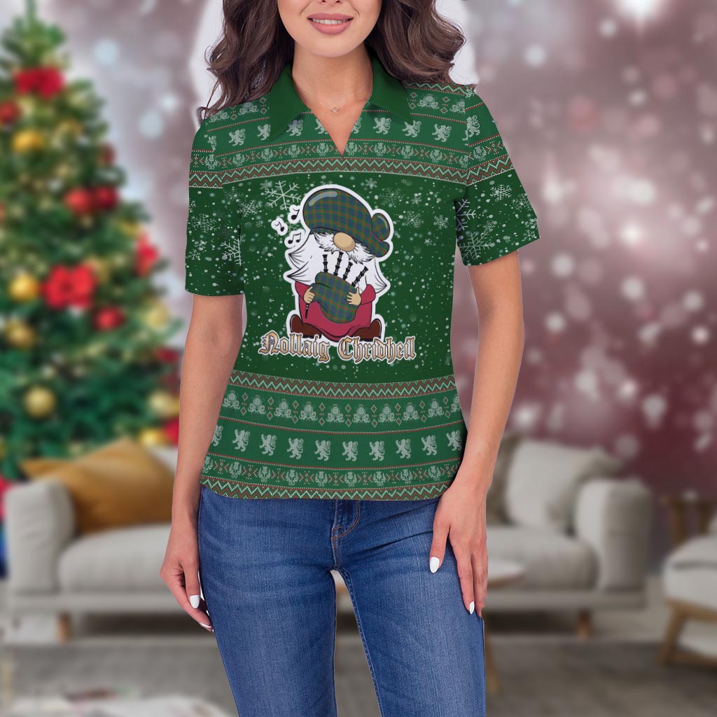 Aiton Clan Christmas Family Polo Shirt with Funny Gnome Playing Bagpipes Women's Polo Shirt Green - Tartanvibesclothing