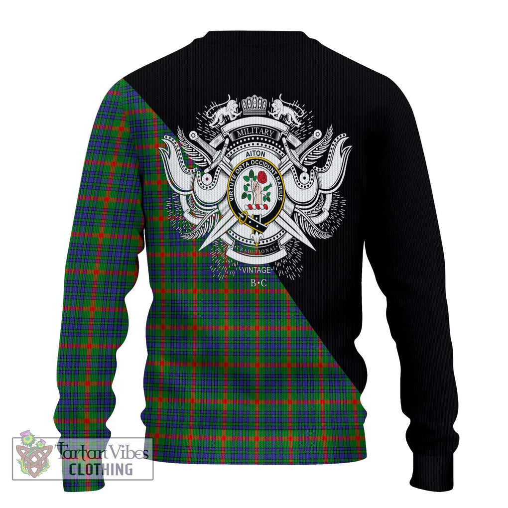 Aiton Tartan Knitted Sweater with Family Crest and Military Logo Style - Tartanvibesclothing Shop