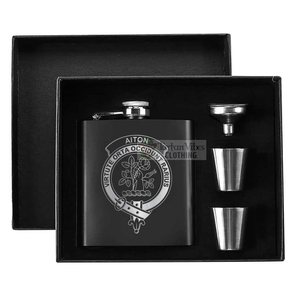 Tartan Vibes Clothing Aiton Crest Hip Flask Set 7oz Black Stainless Steel with A Gift Box