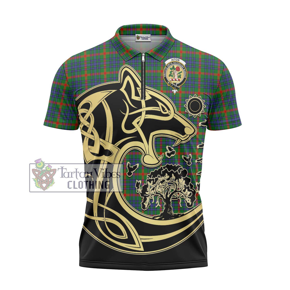 Aiton Tartan Zipper Polo Shirt with Family Crest Celtic Wolf Style - Tartanvibesclothing Shop