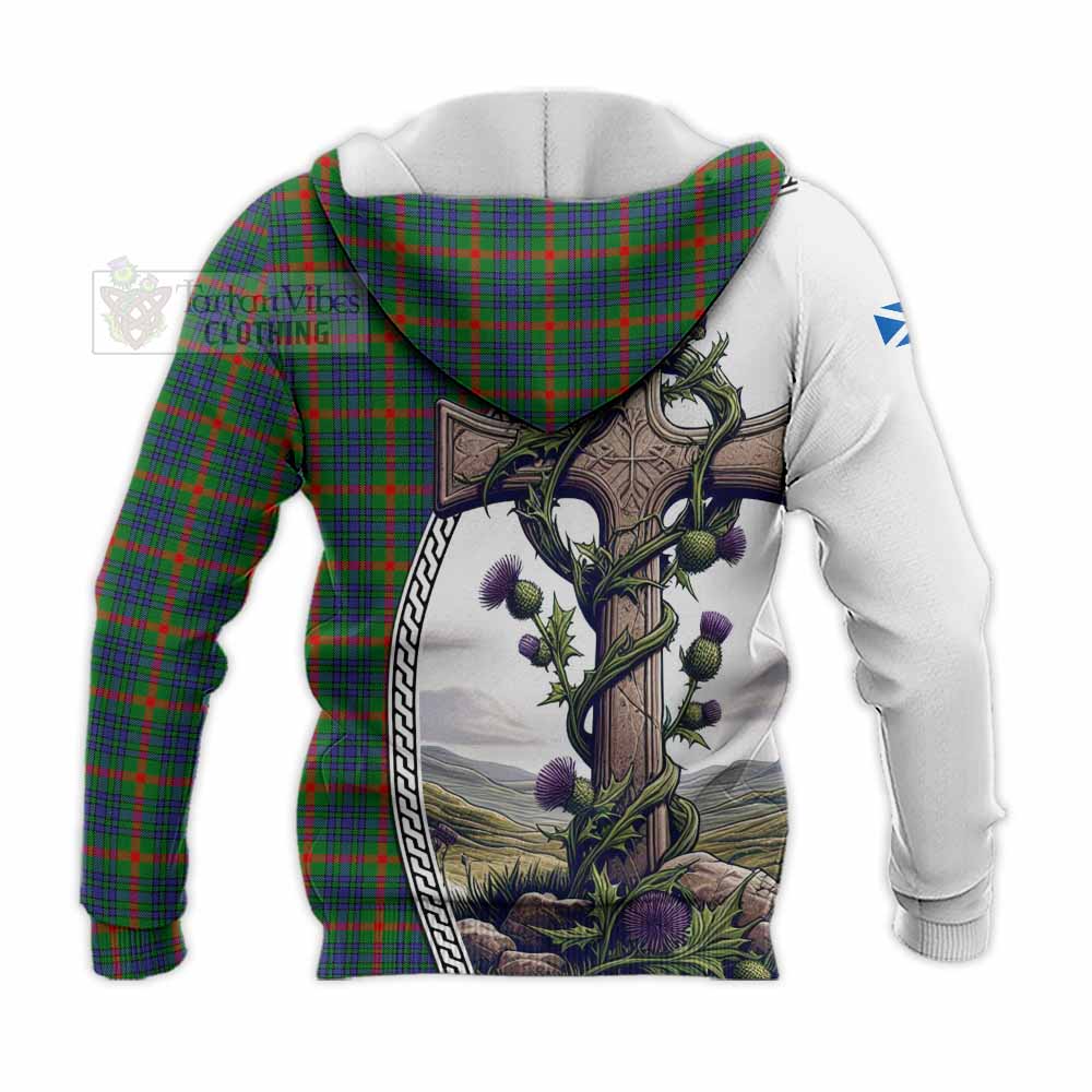 Tartan Vibes Clothing Aiton Tartan Knitted Hoodie with Family Crest and St. Andrew's Cross Accented by Thistle Vines