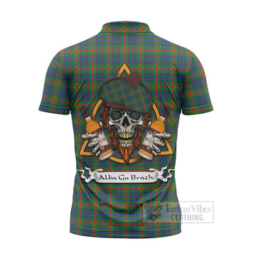 Aiton Tartan Zipper Polo Shirt with Family Crest and Bearded Skull Holding Bottles of Whiskey