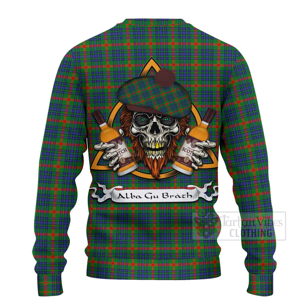 Tartan Vibes Clothing Aiton Tartan Knitted Sweater with Family Crest and Bearded Skull Holding Bottles of Whiskey