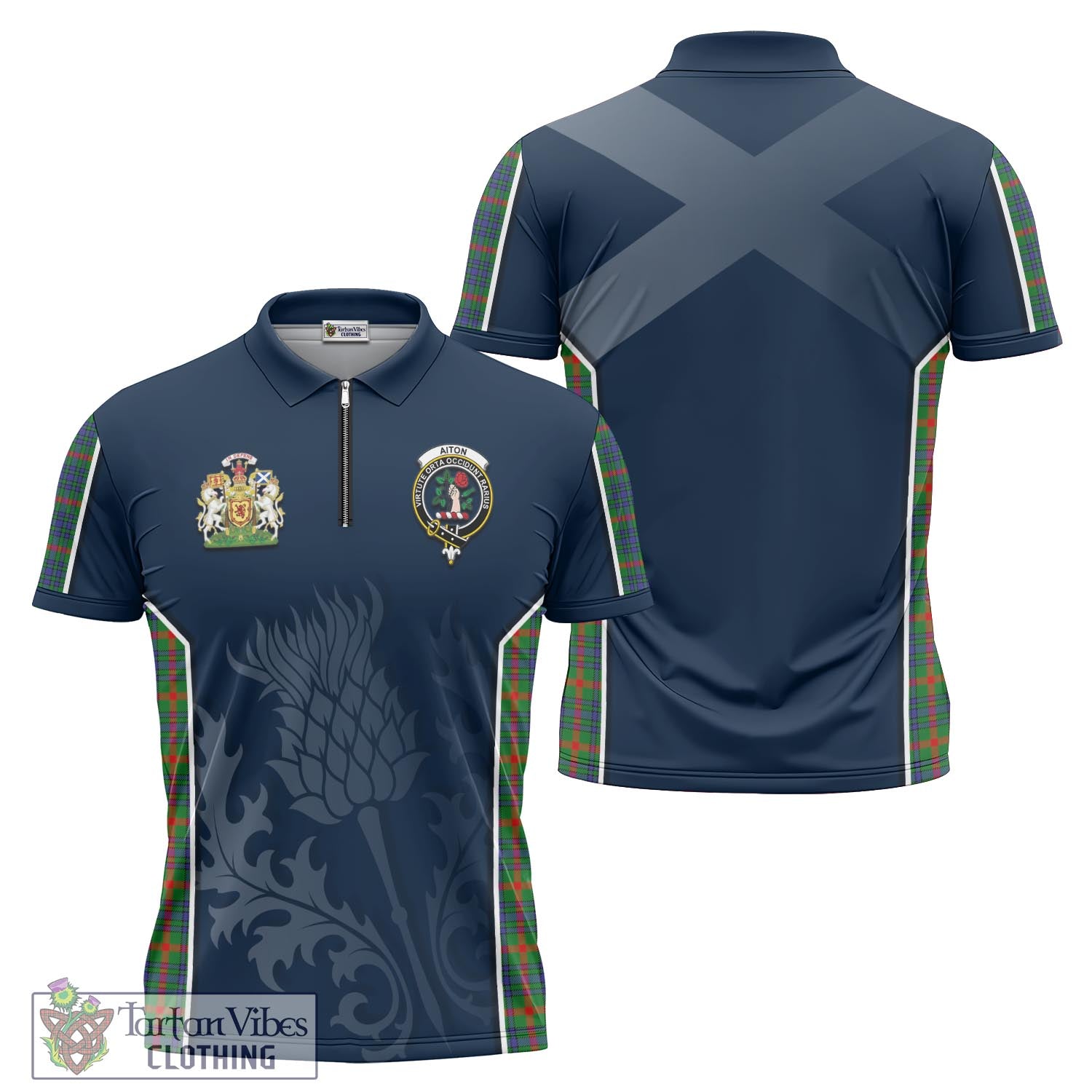 Tartan Vibes Clothing Aiton Tartan Zipper Polo Shirt with Family Crest and Scottish Thistle Vibes Sport Style