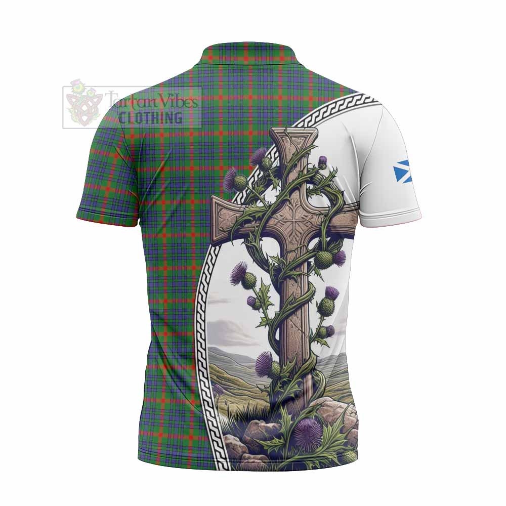 Tartan Vibes Clothing Aiton Tartan Zipper Polo Shirt with Family Crest and St. Andrew's Cross Accented by Thistle Vines