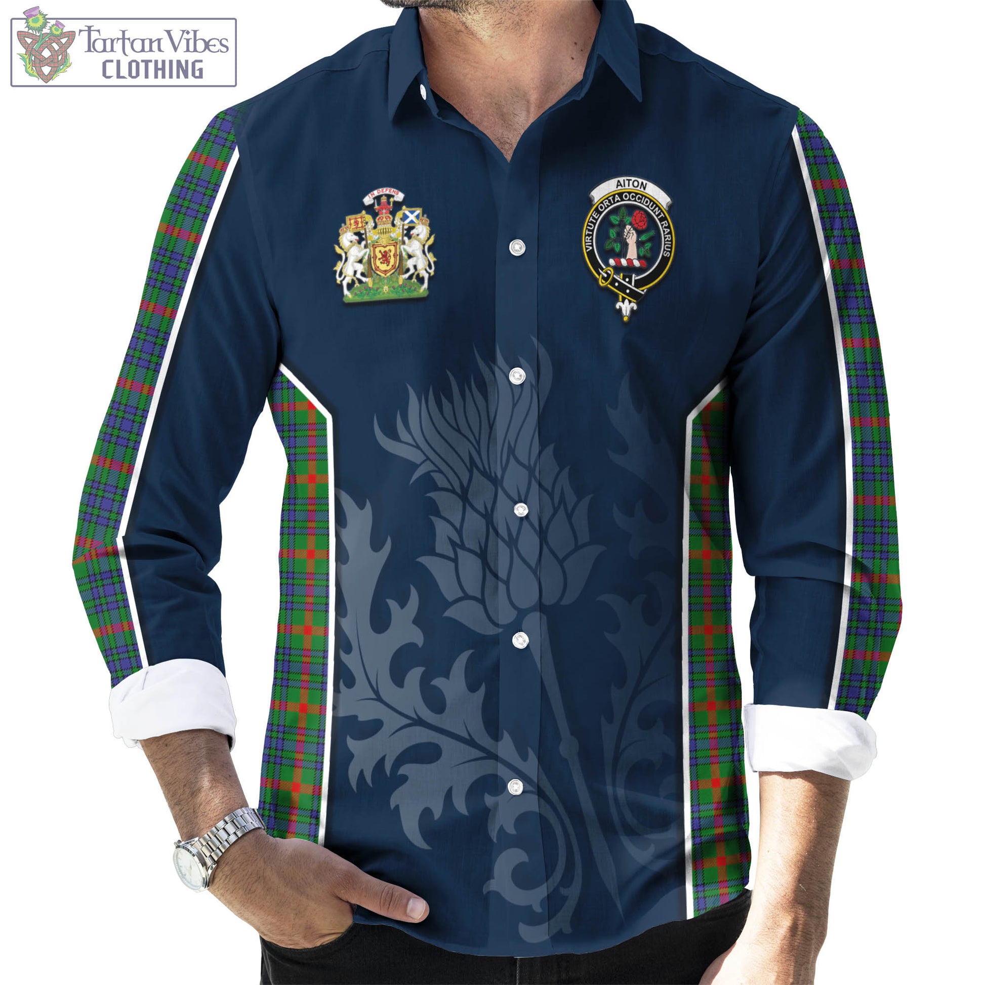 Tartan Vibes Clothing Aiton Tartan Long Sleeve Button Up Shirt with Family Crest and Scottish Thistle Vibes Sport Style